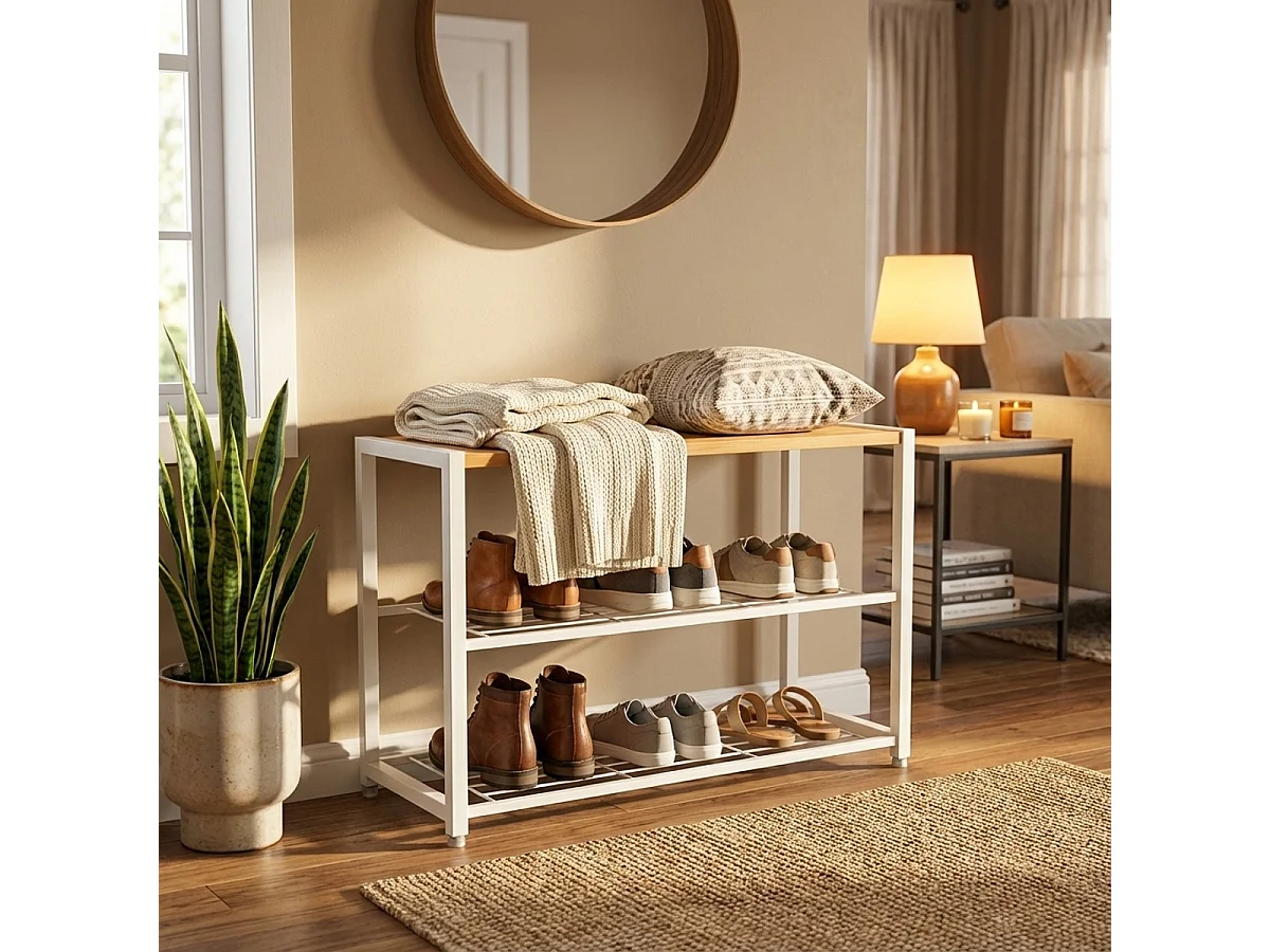 Scarpiera aperta ingresso 2 ripiani 1 mensola 8 paia di scarpe legno metallo Amnes - Bianco