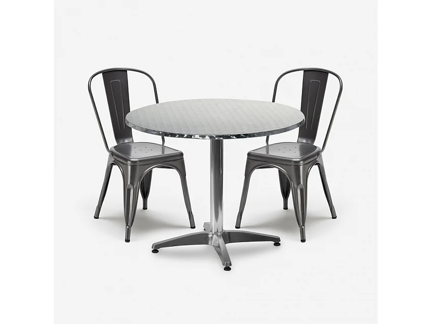 ensemble 2 chaises acier de style design industriel et table ronde 70cm factotum