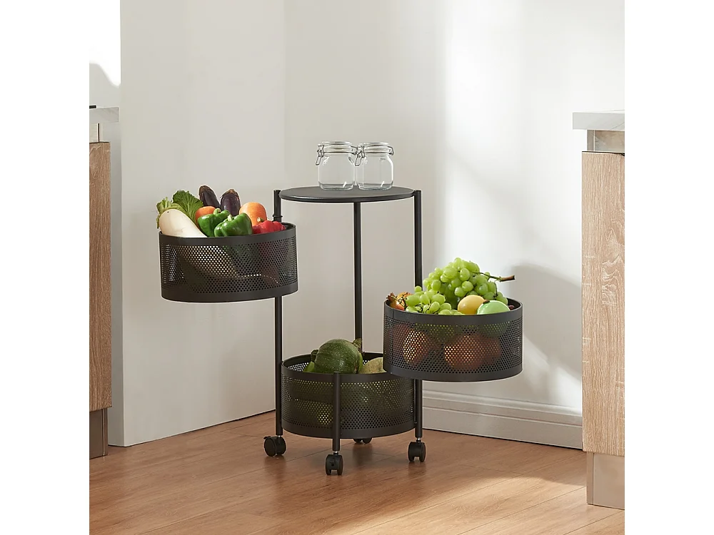 Obstwagen Küche modern mit Rädern und 3 schwenkbaren Körben Rodin M - Schwarz