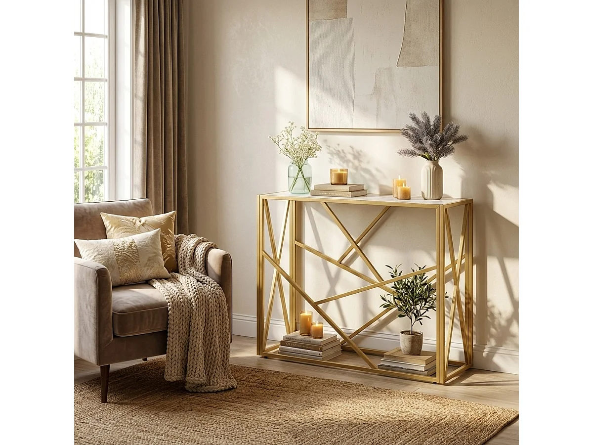 Consola para recibidor de diseño moderno de 100x40x78cm con tablero de cristal Kevin - Oro