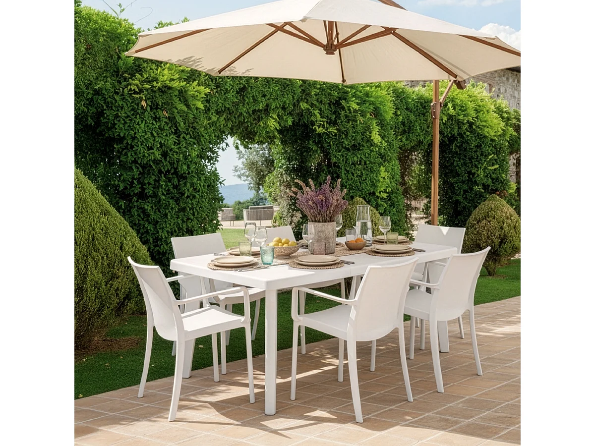 Juego de mesa extensible de 160-220 cm con 6 sillas de jardín color blanco Liri Light