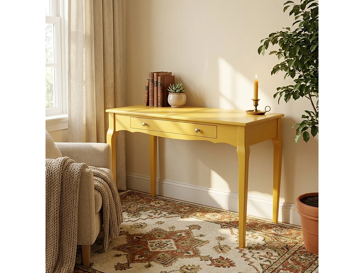 Table console élégante et fonctionnelle en bois shabby chic Toscano - Jaune