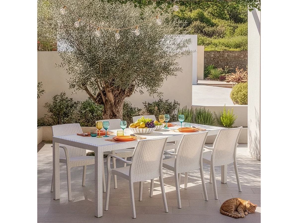 Tischset für Garten im Freien Rattan 150x90cm 6 Stühle Weiß Meloria Light