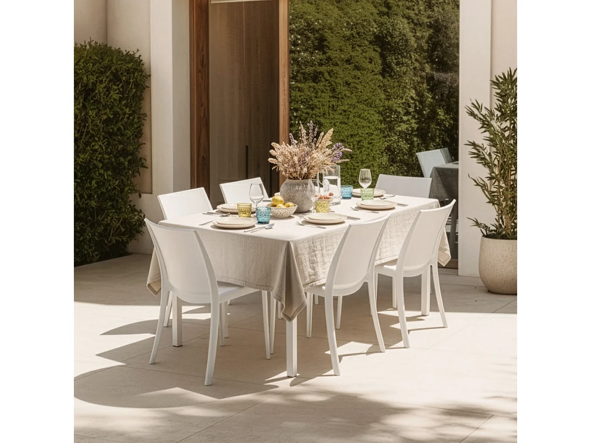 Conjunto de jardín 6 sillas y 1 mesa de exterior de 150x90 cm color blanco Sunrise Light