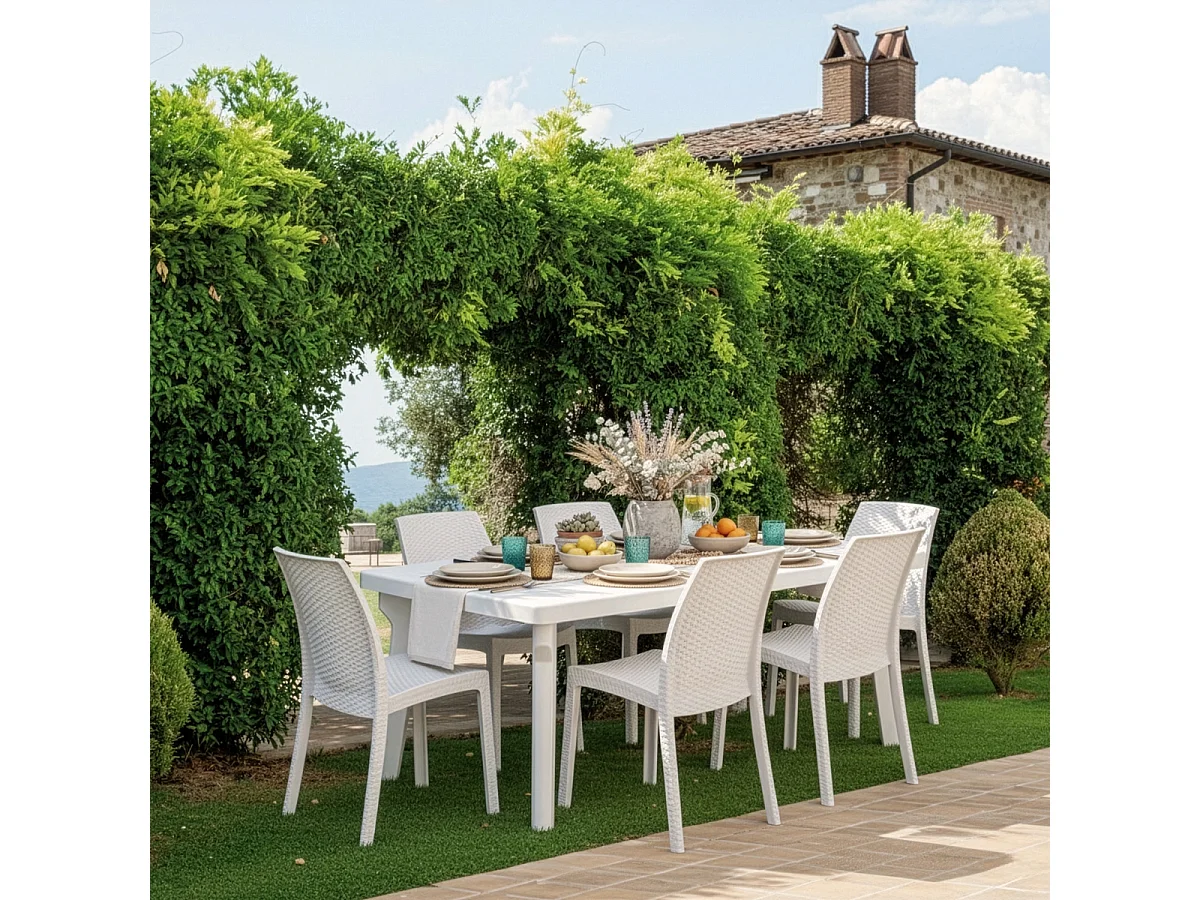 Juego de mesa extensible de 160-220 cm con 6 sillas de jardín color blanco Liri Light