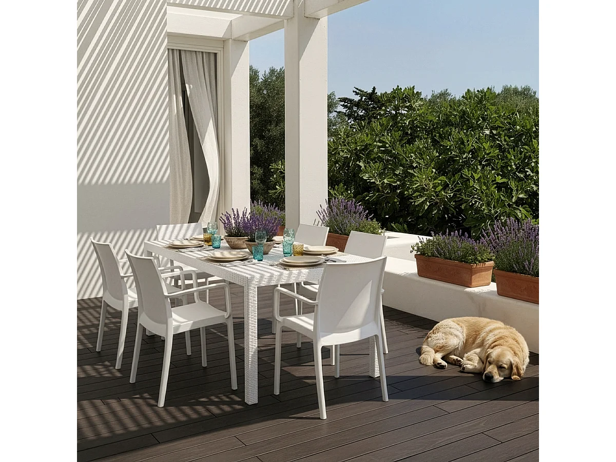 Juego de exterior de jardín compuesto por 1 mesa efecto ratán de 150x90 cm y 6 sillas color blanco Meloria Light