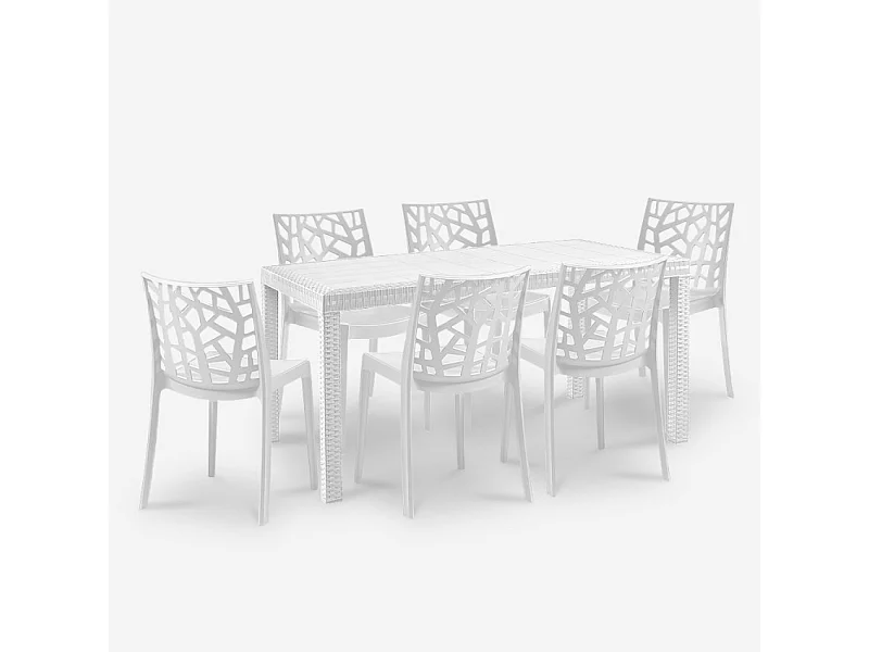 Juego de exterior de jardín compuesto por 1 mesa efecto ratán de 150x90 cm y 6 sillas color blanco Meloria Light