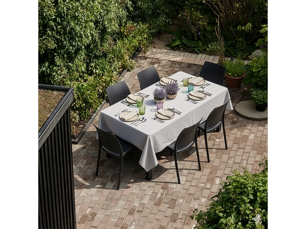 Juego de jardín con 1 mesa efecto ratán de 150x90 cm y 6 sillas de exterior color negro Meloria Dark