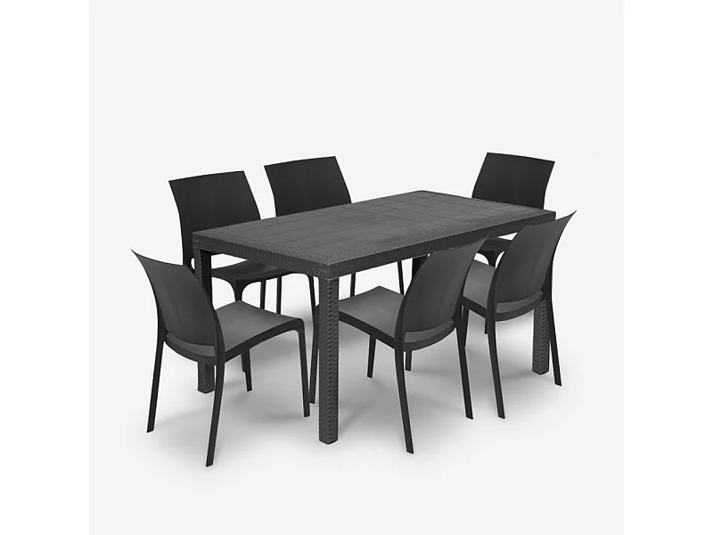 Juego de jardín con 1 mesa efecto ratán de 150x90 cm y 6 sillas de exterior color negro Meloria Dark