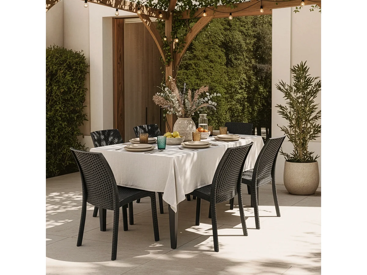Conjunto de mesa de comedor para jardín de 150x90 cm con 6 sillas de exterior color negro Sunrise Dark