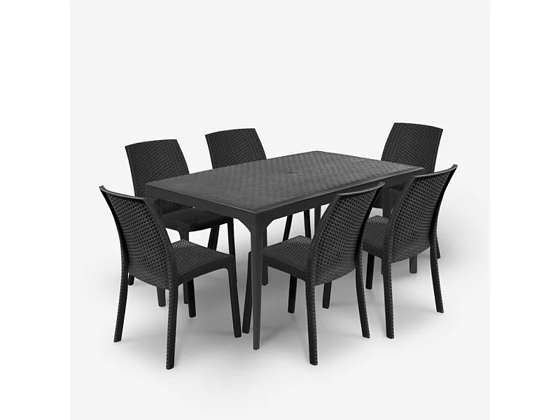Conjunto de mesa de comedor para jardín de 150x90 cm con 6 sillas de exterior color negro Sunrise Dark