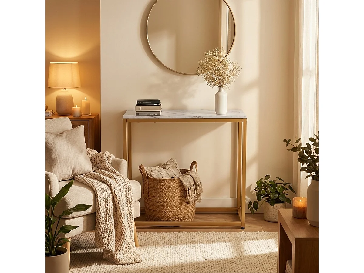 Consola moderna para recibidor móvil de metal 80x30x75cm Nigel - Efecto mármol blanco