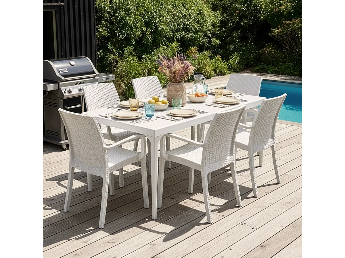 Conjunto de jardín 6 sillas y 1 mesa de exterior de 150x90 cm color blanco Sunrise Light