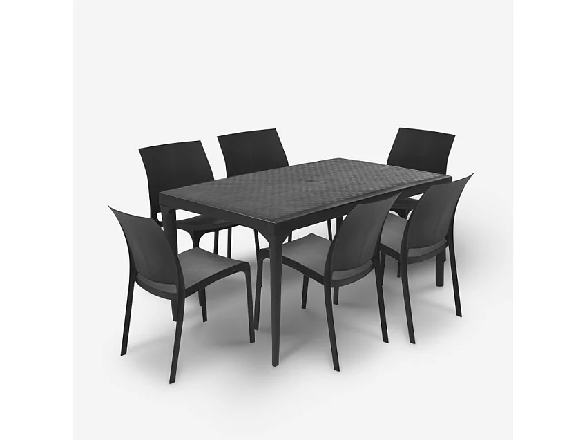 Conjunto de mesa de comedor para jardín de 150x90 cm con 6 sillas de exterior color negro Sunrise Dark