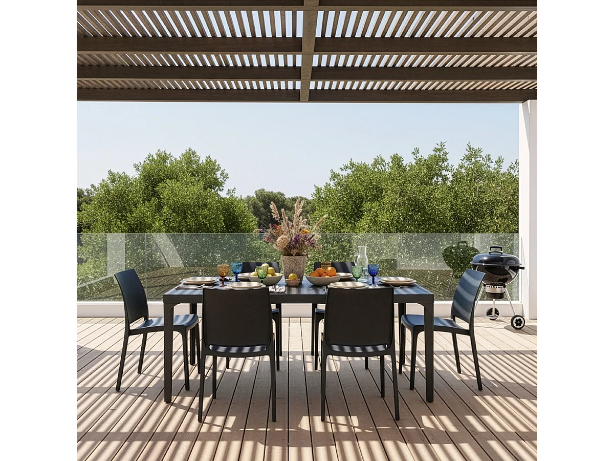 Conjunto de mesa de comedor para jardín de 150x90 cm con 6 sillas de exterior color negro Sunrise Dark