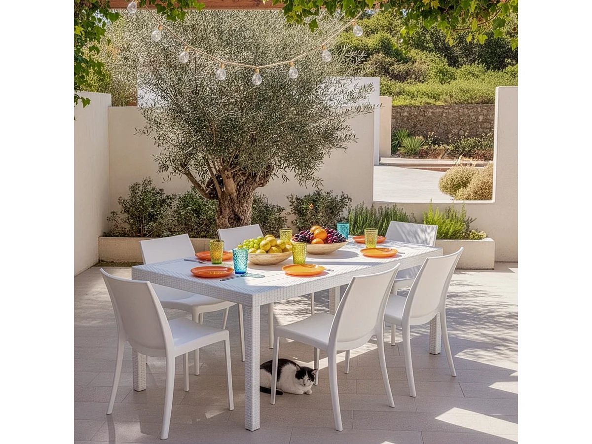 Set tavolo esterno giardino rattan 150x90cm 6 sedie bianco Meloria Light