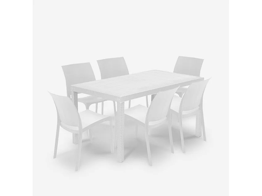 Juego de exterior de jardín compuesto por 1 mesa efecto ratán de 150x90 cm y 6 sillas color blanco Meloria Light