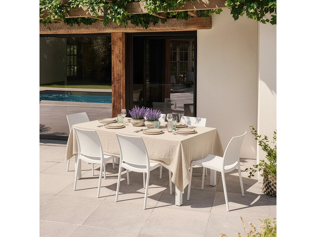 Juego de exterior de jardín compuesto por 1 mesa efecto ratán de 150x90 cm y 6 sillas color blanco Meloria Light