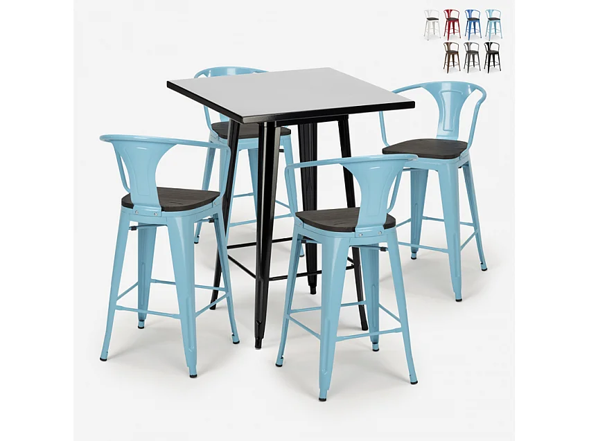 juego mesa alta negro 60 x 60 cm 4 taburetes madera metal bucket wood black - Azul