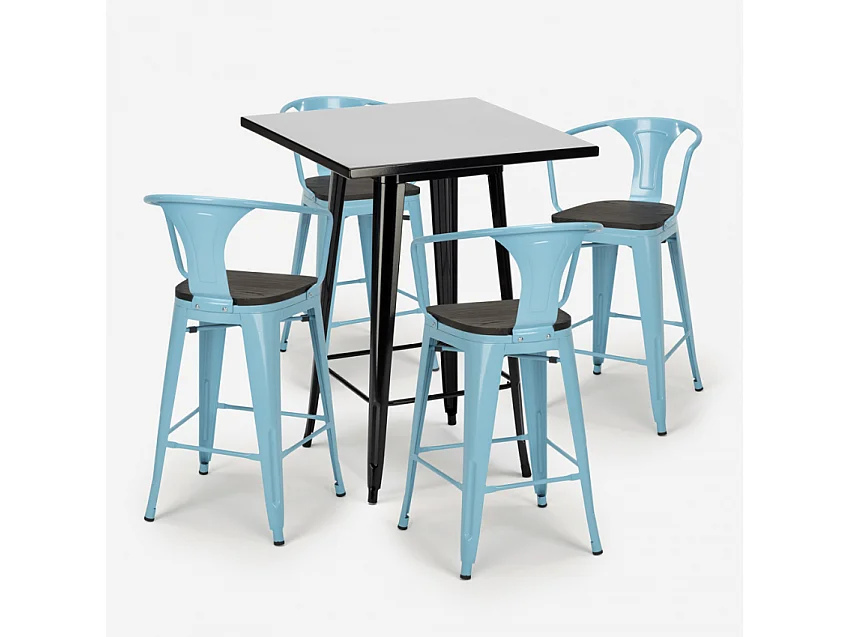 juego mesa alta negro 60 x 60 cm 4 taburetes madera metal bucket wood black - Azul