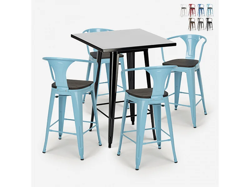juego mesa alta negro 60 x 60 cm 4 taburetes madera metal bucket wood black - Azul