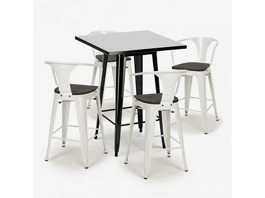juego mesa alta negro 60 x 60 cm 4 taburetes madera metal bucket wood black - Blanco