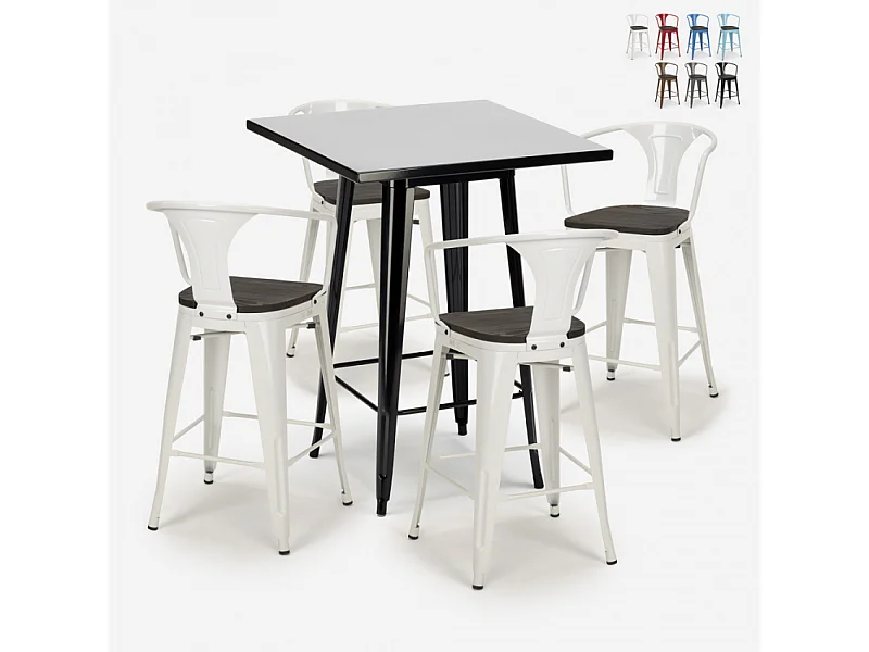 juego mesa alta negro 60 x 60 cm 4 taburetes madera metal bucket wood black - Blanco