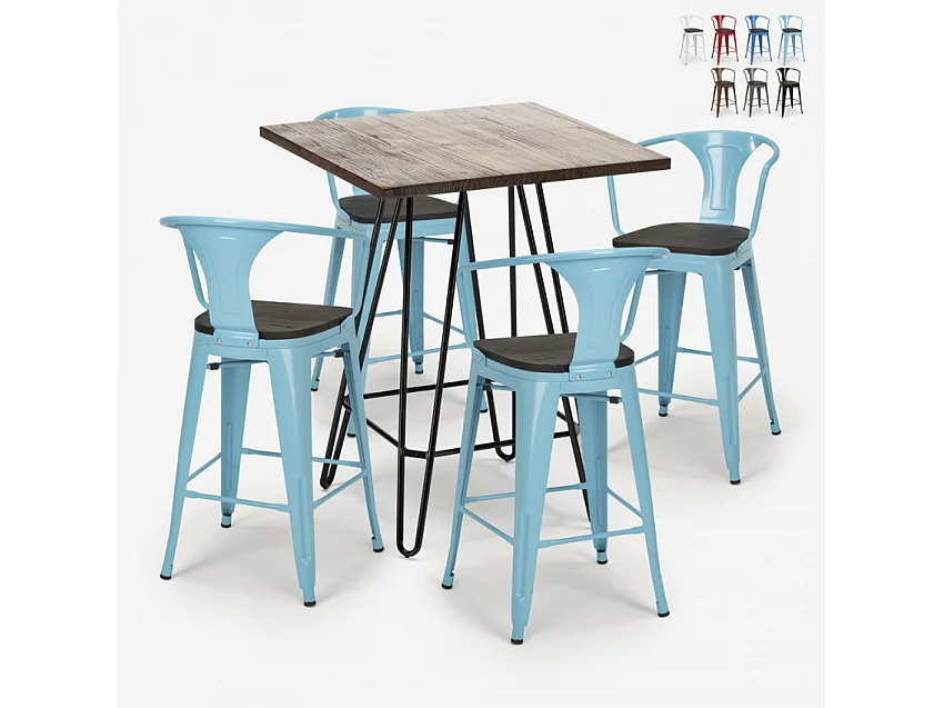 juego mesa industrial madera metal 60 x 60 cm 4 taburetes mason noix wood - Azul