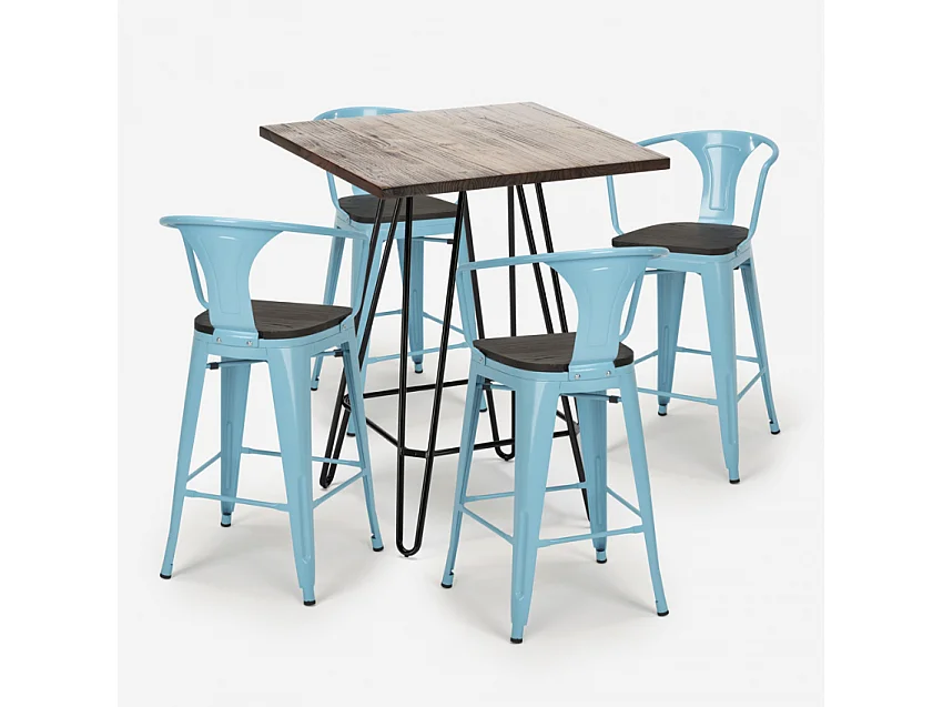 juego mesa industrial madera metal 60 x 60 cm 4 taburetes mason noix wood - Azul