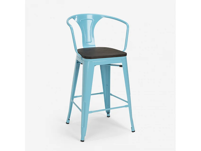 juego mesa industrial madera metal 60 x 60 cm 4 taburetes mason noix wood - Azul