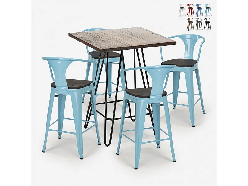 juego mesa industrial madera metal 60 x 60 cm 4 taburetes mason noix wood - Azul