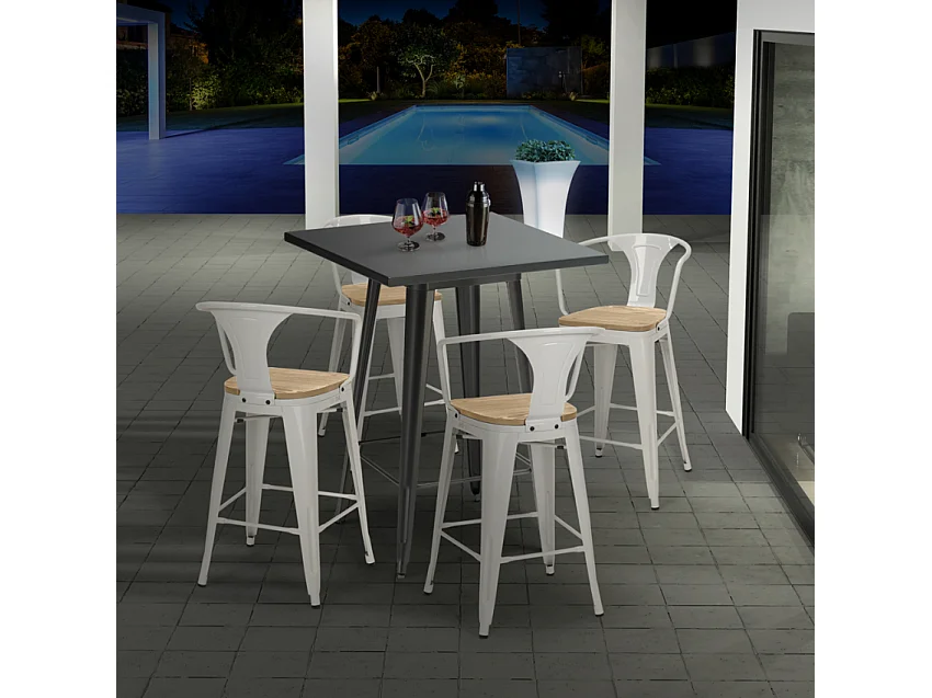 juego bar cocina industrial mesa 60 x 60 cm 4 taburetes bucket top light - Blanco