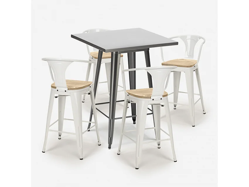 juego bar cocina industrial mesa 60 x 60 cm 4 taburetes bucket top light - Blanco