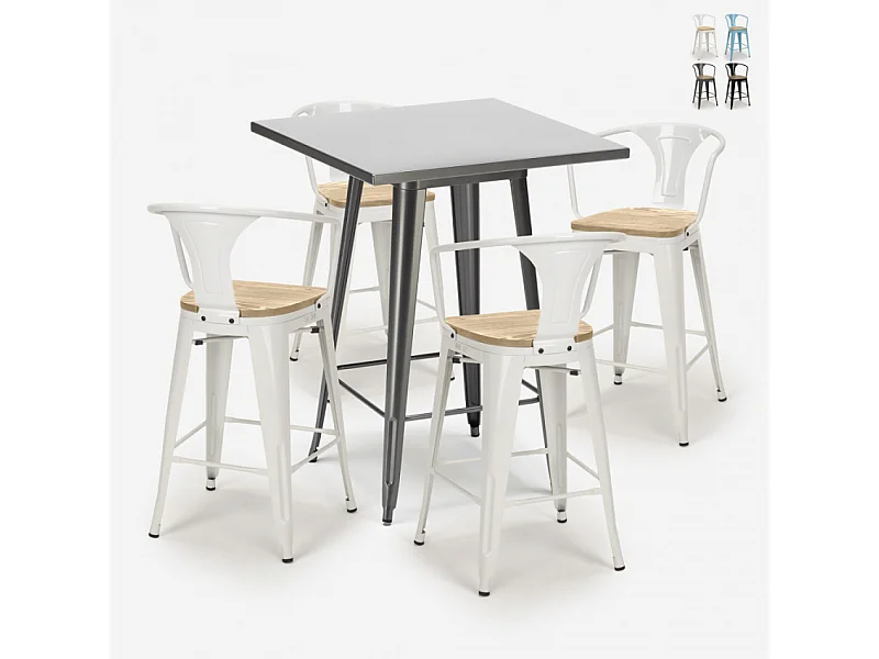 juego bar cocina industrial mesa 60 x 60 cm 4 taburetes bucket top light - Blanco