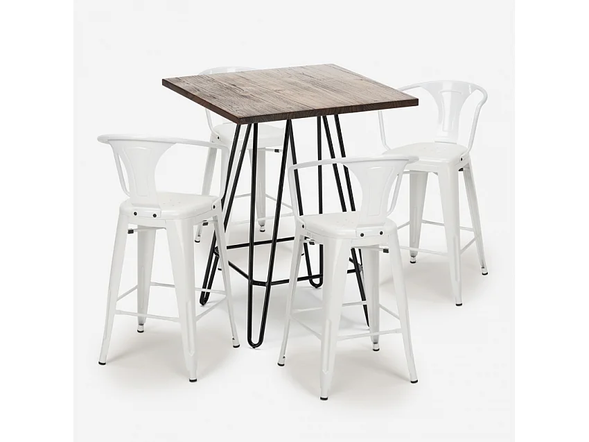juego cocina bar mesa madera industrial 60 x 60 cm 4 taburetes mason noix - Blanco