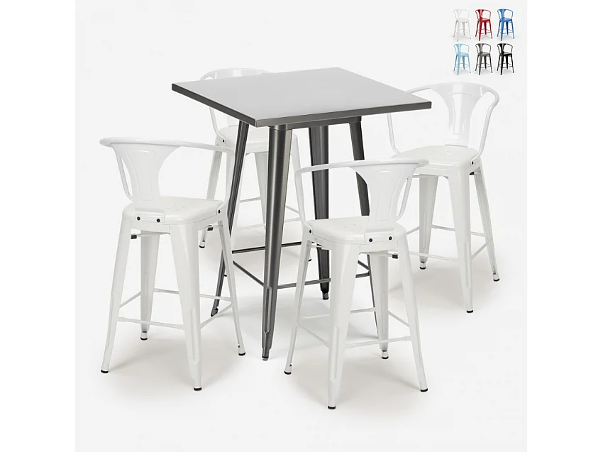 juego bar cocina mesa alta metal 60 x 60 cm 4 taburetes bucket - Blanco