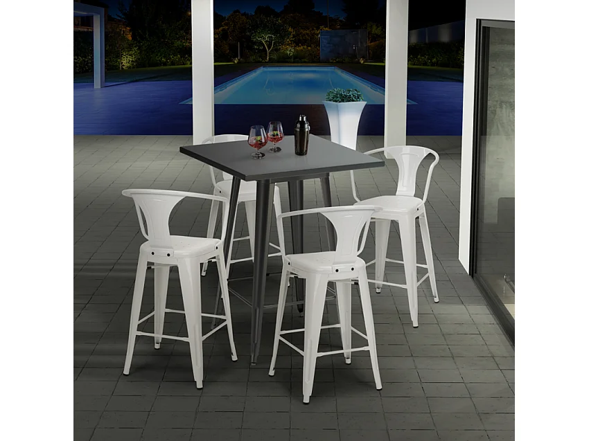 juego bar cocina mesa alta metal 60 x 60 cm 4 taburetes bucket - Blanco