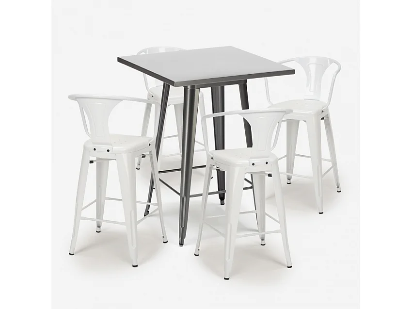 juego bar cocina mesa alta metal 60 x 60 cm 4 taburetes bucket - Blanco