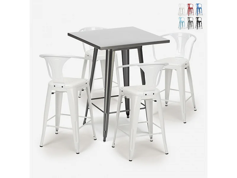 juego bar cocina mesa alta metal 60 x 60 cm 4 taburetes bucket - Blanco