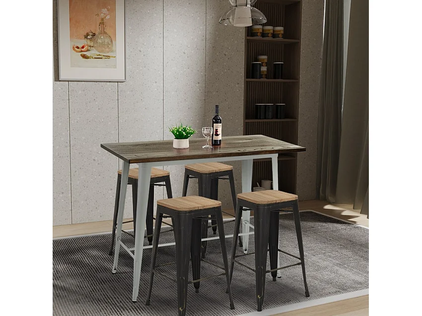 table de bar haute 120x60 blanche + 4 tabourets style navarro - bois neutre
