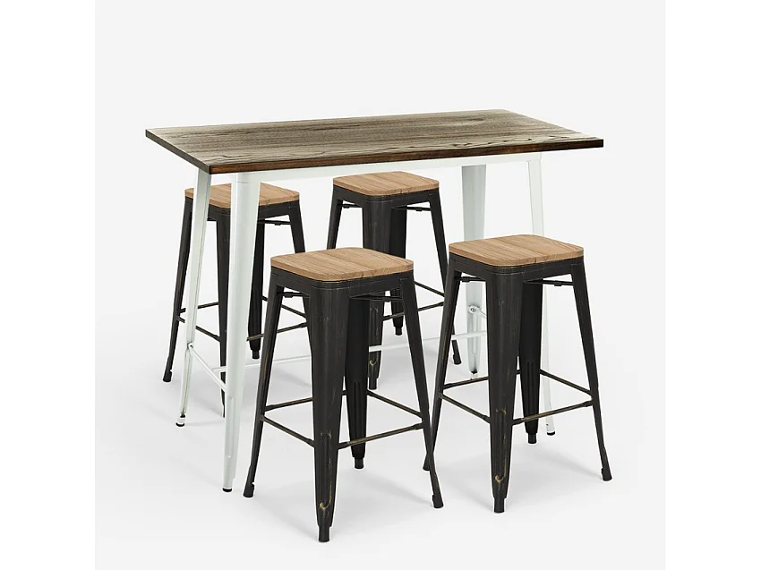 table de bar haute 120x60 blanche + 4 tabourets style navarro - bois neutre