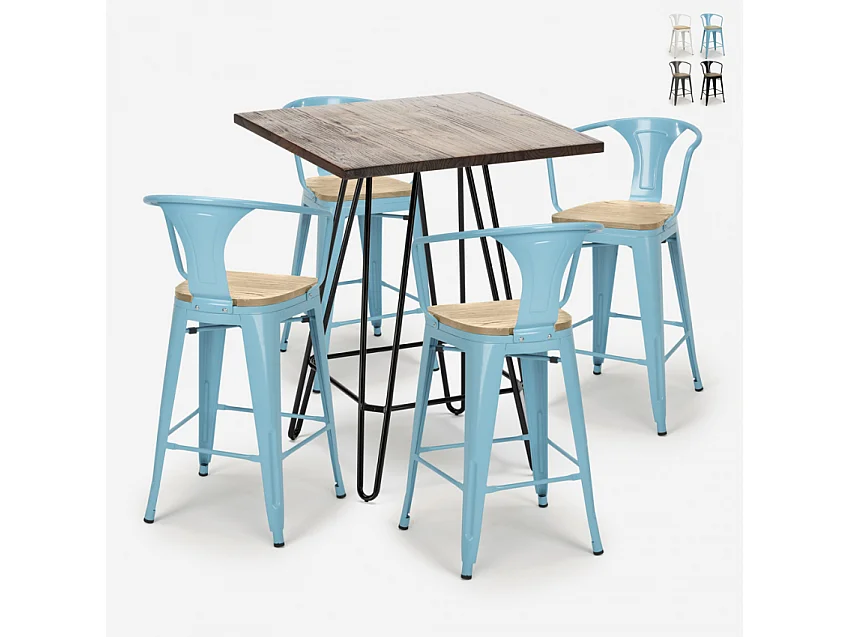 juego bar cocina 4 taburetes mesa alta 60 x 60 mason noix top light - Azul