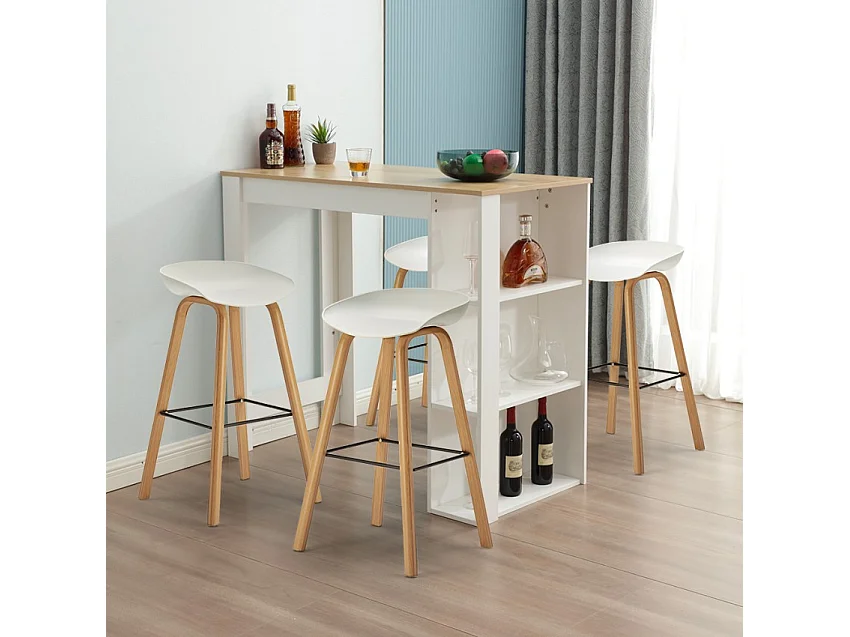 Conjunto mesa alta 120x60 madera blanca 4 taburetes h75 bar cocina Lyman