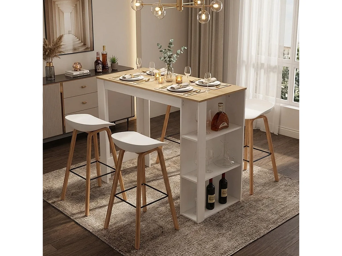 Conjunto mesa alta 120x60 madera blanca 4 taburetes h75 bar cocina Lyman