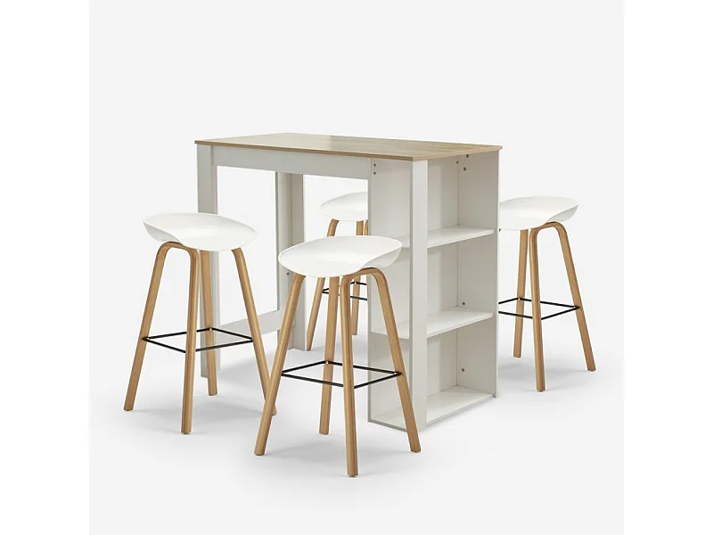 Conjunto mesa alta 120x60 madera blanca 4 taburetes h75 bar cocina Lyman