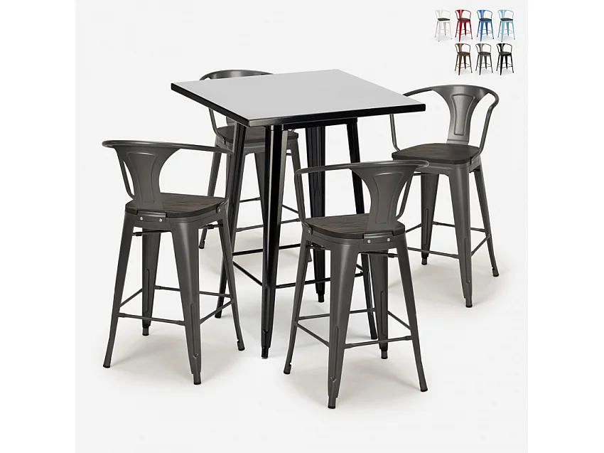 juego mesa alta negro 60 x 60 cm 4 taburetes madera metal bucket wood black - Gris Oscuro