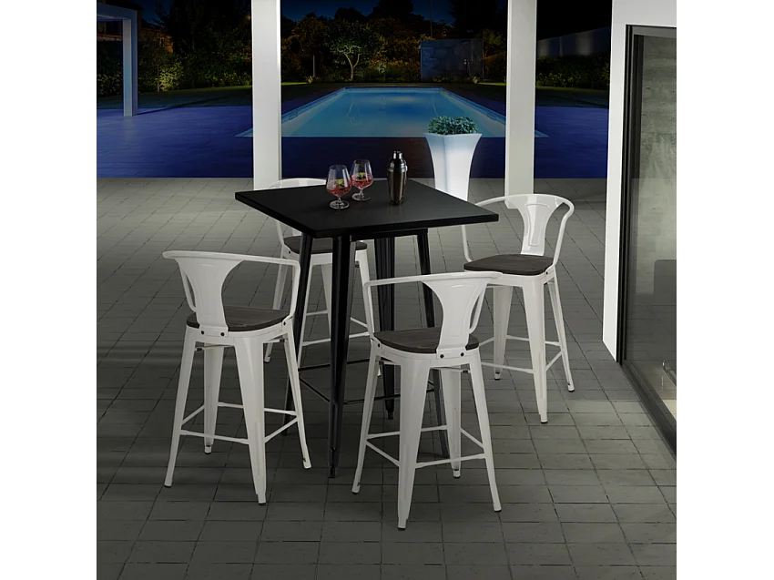 juego mesa alta negro 60 x 60 cm 4 taburetes madera metal bucket wood black - Gris Oscuro
