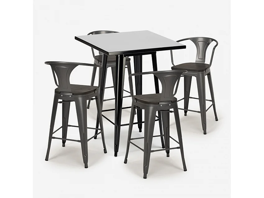 juego mesa alta negro 60 x 60 cm 4 taburetes madera metal bucket wood black - Gris Oscuro