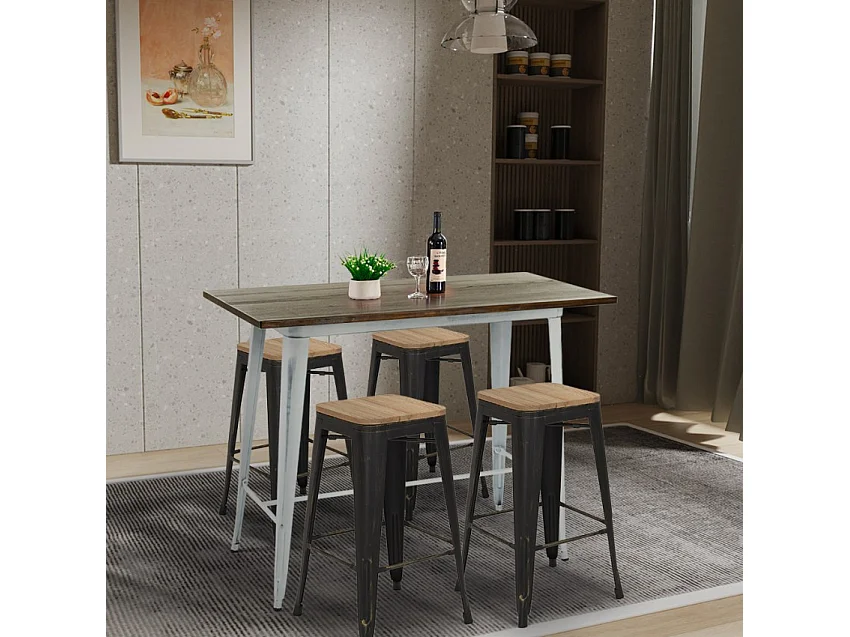 table haute 120x60 blanc +4 tabourets style vintage swanton - bois neutre