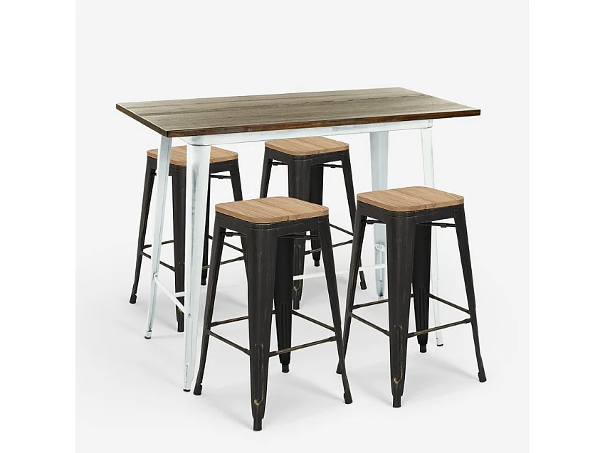 table haute 120x60 blanc +4 tabourets style vintage swanton - bois neutre